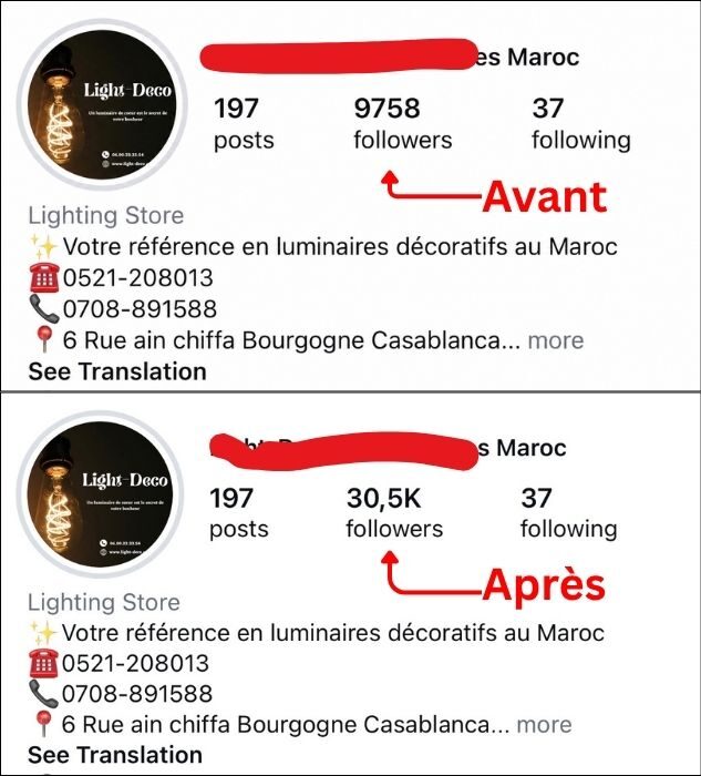 Étude de cas avant après croissance Instagram de notre client Light Deco Maroc : augmentation des abonnés de 9 758 à 30 500 grâce à une stratégie marketing digital performante et acquisition de leads à Casablanca et au Maroc